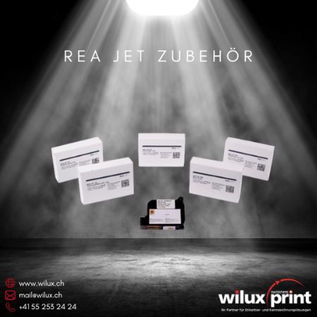 REA JET Zubehör, bestehend aus verschiedenen Tintenpatronen und Druckköpfen für REA JET Tintenstrahldrucker, optimiert für präzise industrielle Kennzeichnungsprozesse.