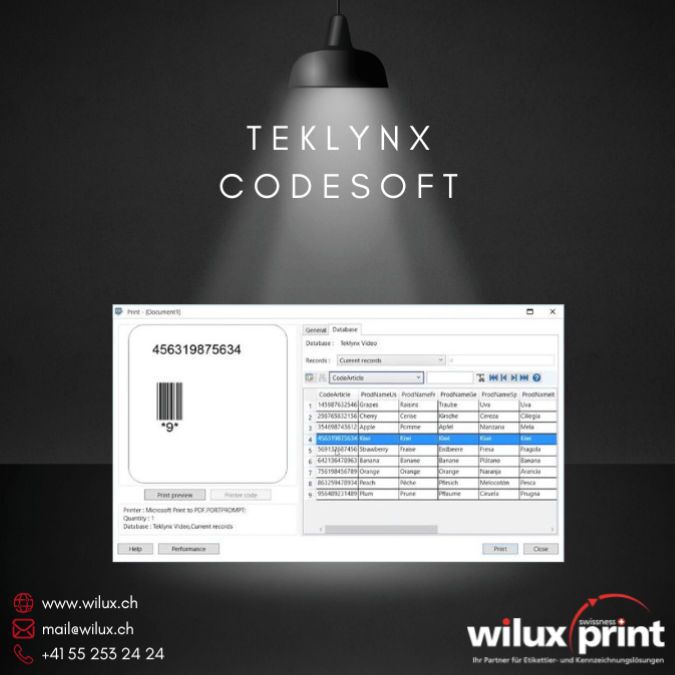 Screenshot der TEKLYNX CODESOFT Software zeigt die Druckansicht eines Barcodes mit Datenbankintegration, präsentiert von WILUX PRINT.