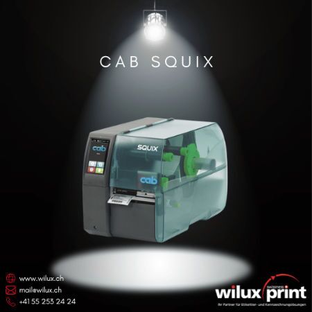 CAB SQUIX Thermodirekt- und Thermotransferdrucker mit robustem Gehäuse, benutzerfreundlicher Bedienung und optionalem UHF-RFID-Modul, ideal für industrielle Kennzeichnung und Barcode-Drucklösungen.