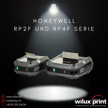 Zwei mobile Honeywell RP2f und RP4f Thermodirektdrucker, ideal für den Ausseneinsatz, mit WLAN- und Bluetooth-Verbindung, robustem Design und hoher Druckqualität.