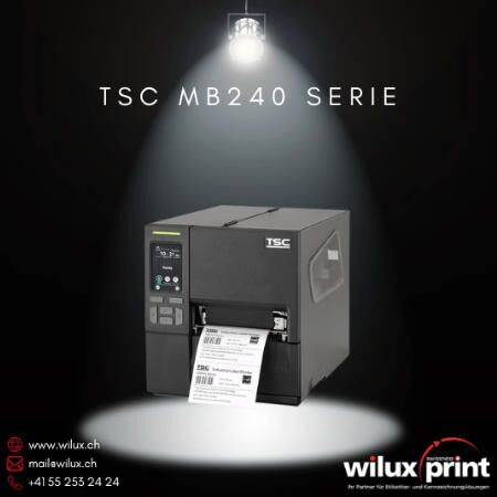 TSC MB240 Thermodirekt- und Thermotransferdrucker, kompakter Industrie-Etikettendrucker mit hoher Druckgeschwindigkeit und benutzerfreundlichem Touch-LCD-Panel.