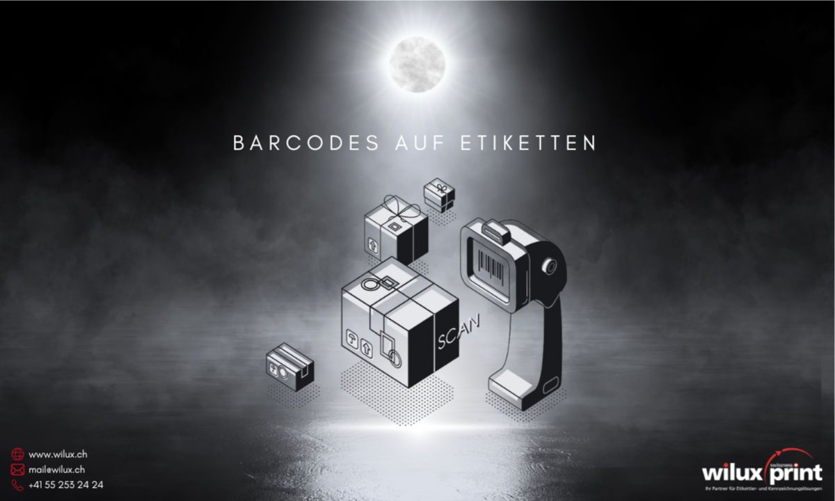 Illustration eines Barcode-Scanners, der Barcodes auf Etiketten scannt, mit mehreren verpackten Boxen im Hintergrund, dargestellt auf dunklem Hintergrund unter einem leuchtenden Mond