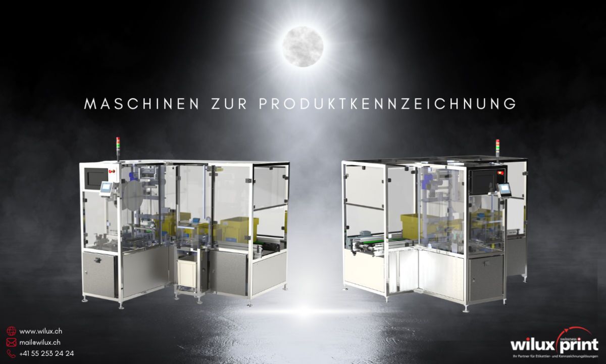 Zwei moderne Maschinen zur Produktkennzeichnung mit elektronischen Steuerungen und Displays, geeignet für die automatische Applikation von Etiketten in unterschiedlichen Branchen.