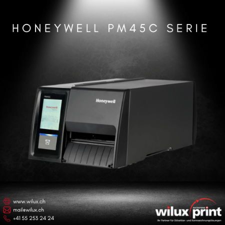 Honeywell PM45C Etikettendrucker für Industrie, mit dunklem Gehäuse und integriertem Display. Unterstützt Thermodirekt- und Thermotransferdruck für präzise und schnelle Etikettenproduktion.