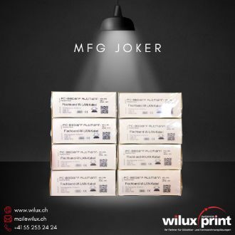 Anwendungsbeispiel für die Logistik: Mehrere Kartons für WLAN-Kabel, die direkt mit dem hochauflösenden Tintenstrahldrucker Joker beschriftet wurden. Dies zeigt die kostengünstige Kennzeichnung von Sekundärverpackungen.