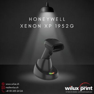 Kabelloser Honeywell Xenon XP 1952g Barcode-Scanner in Schwarz auf einer Basisstation unter einer Lampe, ideal für anspruchsvolle Umgebungen und flexible Datenerfassung.