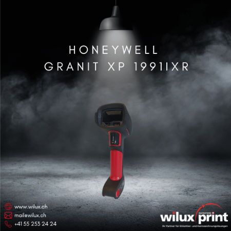 Der kabellose Honeywell Granit XP 1991iXR Barcode Scanner steht auf einem nebligen Hintergrund und bietet extreme Robustheit und Zuverlässigkeit für industrielle Umgebungen.