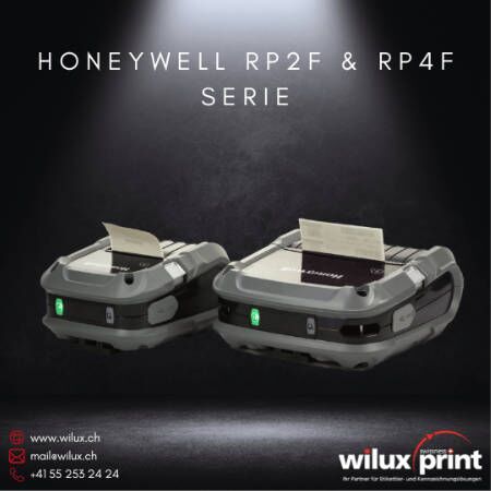 Zwei mobile Honeywell RP2f und RP4f Etikettendrucker, ideal für Thermodirektdruck in anspruchsvollen Umgebungen wie Aussendienst und Einzelhandel. Sie bieten drahtlose Konnektivität und zuverlässige Druckergebnisse.