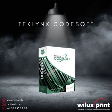 TEKLYNX CODESOFT-Verpackung auf einem dunklen Hintergrund, die als Etikettensoftware für Oracle-Etikettierungsintegration für mittelständische bis grosse Unternehmen dargestellt wird.