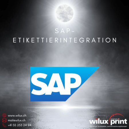 SAP-Logo mit Text zur SAP-Etikettierintegration, dargestellt für Unternehmen, die branchenspezifische Etikettendrucksoftware nutzen, um eine direkte Verbindung zwischen SAP-ERP-System und Etikettendruckprozess zu realisieren.