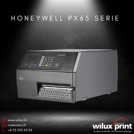 Honeywell PX65 Serie Etikettendrucker für Industrie mit robustem Design und fortschrittlicher Technologie, unterstützt Thermodirekt- und Thermotransferdruck sowie RFID.