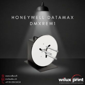 Honeywell Datamax DMXREW1 Etiketten-Auf-/Abspuler mit Constant Adjustable Torque™-Technologie, Stahlkonstruktion und einstellbarem Spulenhalter. Ideal für effiziente Etikettenverarbeitung in Produktionsumgebungen.