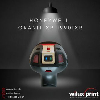 Oberansicht des Honeywell Granit XP 1990iXR Barcode-Scanners unter einem Spotlicht. Zu sehen ist der obere Bereich des Scanners mit einem gut sichtbaren Bluetooth-Symbol und dem robusten Design, das für industrielle Anwendungen geeignet ist.