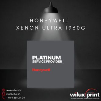 Das Bild zeigt den Honeywell Xenon Ultra 1960g Barcode-Scanner und das Platinum Service Provider Logo von Honeywell, das die herausragende Unterstützung durch WILUX als Platinum Partner symbolisiert.