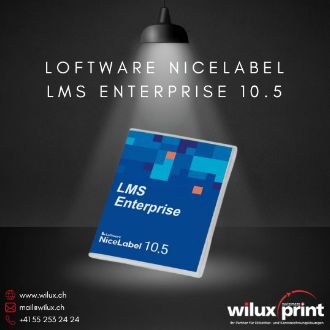 Loftware NiceLabel LMS Enterprise 10.5 Verpackung unter Spotlight, präsentiert von WILUX PRINT, für globale Unternehmen mit komplexen Etikettierungsstandards und ERP-Integration.