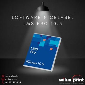 Loftware NiceLabel LMS Pro 10.5 Verpackung unter Spotlight, präsentiert von WILUX PRINT, für umfassende Kontrolle und Automatisierung von Etikettierungsprozessen in Grossunternehmen.