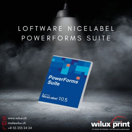 Loftware NiceLabel PowerForms Suite 10.5 Softwarebox vor dunklem Hintergrund. Bietet Drag-and-Drop Etikettendesign, Druckautomatisierung und benutzerdefinierte Formulare für komplexe Etikettierungsprozesse.