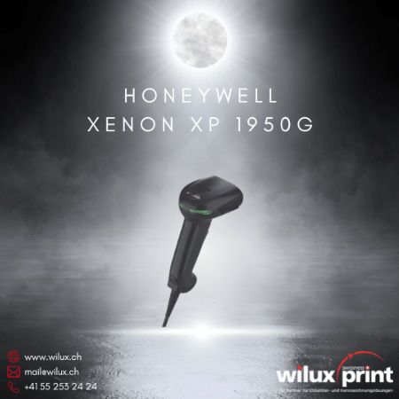 Honeywell Xenon XP 1950G Allzweck Barcode Handscanner auf einer beleuchteten Plattform, ideal für beschädigte Barcodes und intensive Nutzung. WILUX PRINT Logo unten rechts.