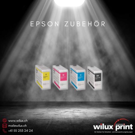 Epson Tintenset bestehend aus den Farben Gelb, Magenta, Cyan und Schwarz, ideal für Farbetikettendrucker, bietet präzise und langlebige Druckergebnisse für professionelle Anwendungen.