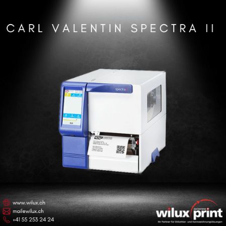 Carl Valentin Spectra II Etikettendrucker für Industrie mit 6,5" Touchscreen-Display, unterstützt Thermodirekt- und Thermotransferdruck, bietet Druckgeschwindigkeiten bis zu 350 mm/s, ideal für anspruchsvolle Druckaufgaben.