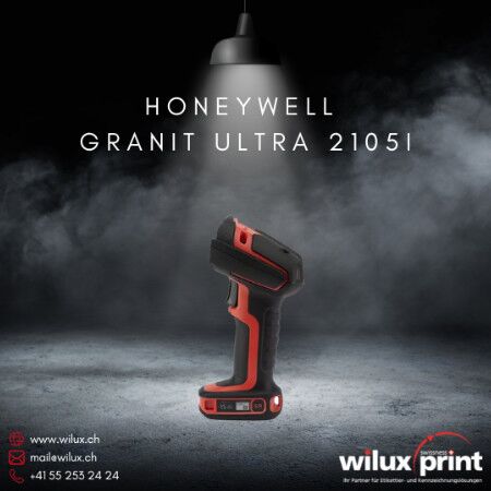 Kabellose Barcode Scanner Honeywell Granit Ultra 2105i in dramatischer Beleuchtung, Bluetooth Handscanner mit KI-Technologie, 100.000 Scans/Ladung, IP68-Schutz und 3m Sturzsicherheit. Red Dot Award 2025. WILUX PRINT AG, Honeywell Platinum Partner.