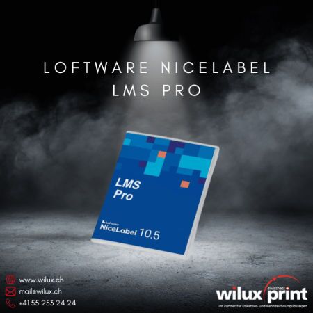 Loftware NiceLabel LMS Pro 10.5 Softwarebox vor dunklem Hintergrund. Loftware NiceLabel On-Premise Lösungen für wachsende Etikettierungsbedürfnisse mit Sicherheit und Rückverfolgbarkeit.