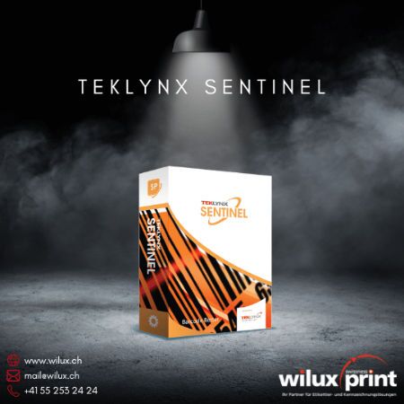 TEKLYNX SENTINEL-Verpackung auf einem dunklen Hintergrund, dargestellt als automatisierte Drucklösung für Oracle-Etikettierungsintegration in Unternehmen mit hohem Druckvolumen.