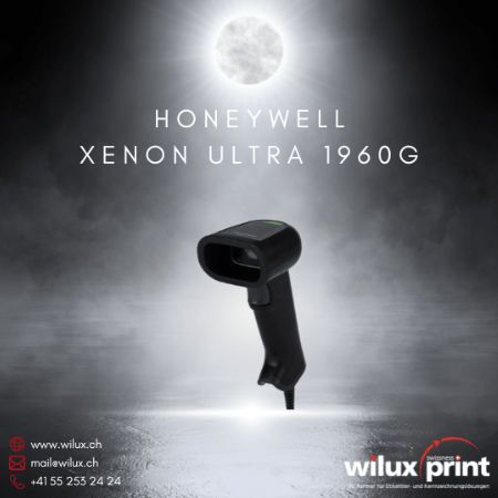 Honeywell Xenon Ultra 1960G Allzweck Barcode Handscanner auf beleuchteter Plattform, geeignet für Einzelhandel und Industrie, mit robustem Design und hoher Scan-Leistung. WILUX PRINT Logo unten rechts.