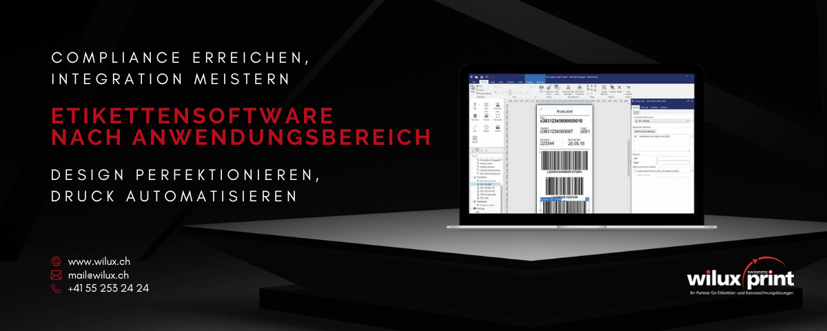 Screenshot einer Etikettensoftware auf einem Laptop, der den automatisierten Etikettendruck für branchenspezifische Anwendungen zeigt.