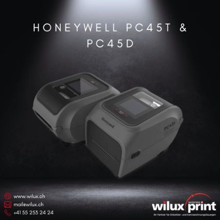 Zwei Honeywell PC45 Desktop Etikettendrucker, Modelle PC45T (Thermotransfer) und PC45D (Thermodirekt), kompakt und RFID-kompatibel, ideal für vielseitige Etikettendruckanwendungen im Büro und Einzelhandel.