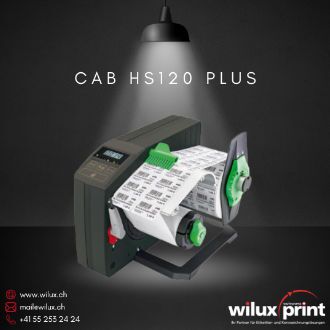 Elektrischer Etikettenspender CAB HS120 Plus für schnelle und präzise Selbstklebeetiketten, ideal für Etikettenrollen, mit LCD-Anzeige und einstellbarer Spende-Geschwindigkeit.