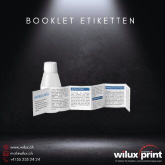 Booklet Etikett auf einer Flasche, ideal für Produkte mit umfangreichen Anweisungen und Zusatzinformationen.