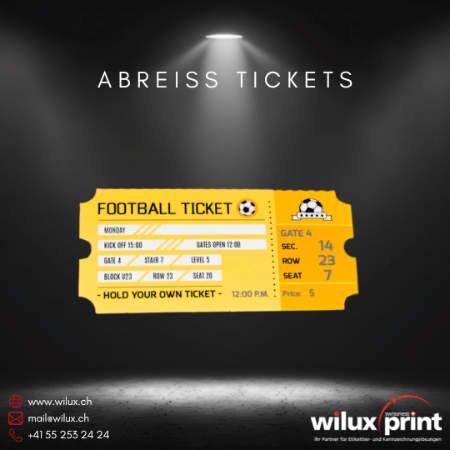 Gelbes Abreiss-Ticket für ein Fussballspiel, massgeschneiderte und fälschungssichere Ticketlösungen von WILUX PRINT.