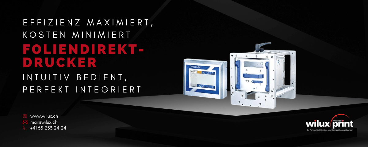 Der Carl Valentin Dynacode II Foliendirektdrucker mit Steuergerät und der Text „Effizienz maximiert, Kosten minimiert. Intuitiv bedient, perfekt integriert.“ Perfekte Lösung für den digitalen Thermotransferdruck.