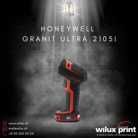 Honeywell Barcode Scanner Granit Ultra 2105i in dramatischer Beleuchtung, robuster kabelloser Handscanner mit KI-Technologie, IP68-Zertifizierung und 3m Sturzsicherheit. Red Dot Award 2025. WILUX PRINT AG, Honeywell Platinum Partner Schweiz.