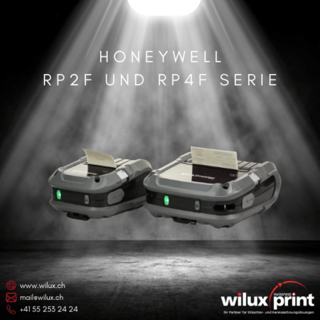 Zwei mobile Thermodirektdrucker der Honeywell RP2f und RP4f Serie für den professionellen Einsatz, mit robuster Bauweise und Konnektivitätsoptionen wie Wi-Fi und Bluetooth, geeignet für anspruchsvolle Umgebungen.