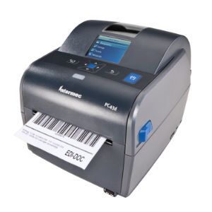 Honeywell Intermec PC43d Desktop Barcodedrucker mit farbigem LCD-Display und gedrucktem Etikett