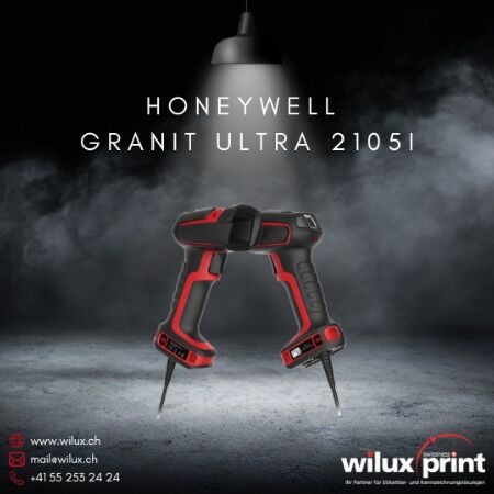 Kabelgebundene Barcode Scanner Honeywell Granit Ultra 2105i in symmetrischer Anordnung, robuste USB/RS-232 Handscanner mit KI-Technologie, IP68-Schutz und 3m Sturzsicherheit. Red Dot Award 2025. WILUX PRINT AG, Honeywell Platinum Partner.