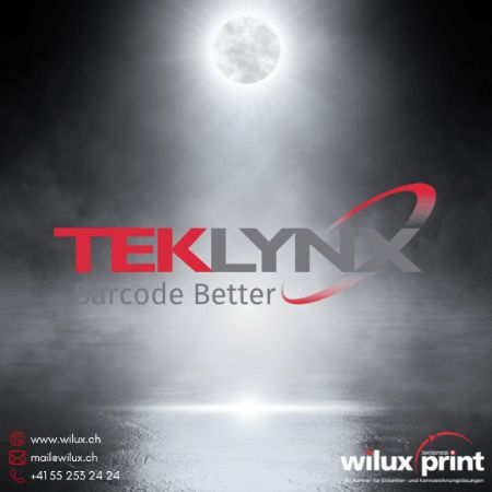 TEKLYNX Logo mit dem Slogan 'Barcode Better' auf nebligem Hintergrund unter einem hellen Mond.