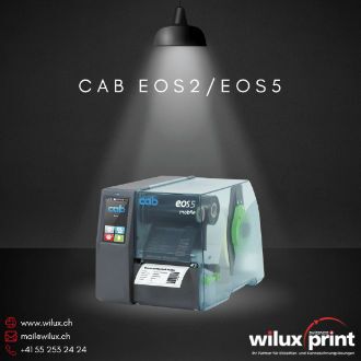 cab EOS5 Mobile Etikettendrucker mit transparentem Gehäuse und kompaktem Design, geeignet für den mobilen Einsatz ohne Netzanschluss.