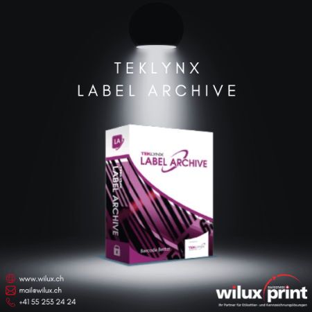 Produktbox von TEKLYNX LABEL ARCHIVE unter einem Spotlight, die eine sichere Lösung für Enterprise-Etikettenmanagement-Systeme mit Audit-Trails und Workflow-Management symbolisiert.