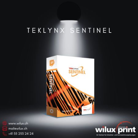 Produktbox von TEKLYNX SENTINEL unter einem Spotlight, das eine automatisierte Drucklösung für Enterprise-Etikettenmanagement-Systeme symbolisiert.