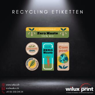 Mehrere Recycling Etiketten in verschiedenen Formen und Designs, ideal für umweltfreundliche Produktkennzeichnung. Hergestellt aus recycelten und kompostierbaren Materialien, unterstützen sie nachhaltige Produktionsmethoden.