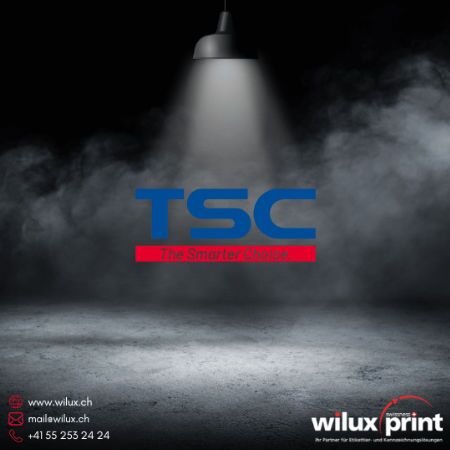 TSC Logo für Etikettendrucker nach Marken, das robuste Industriedrucker und flexible Desktop-Drucklösungen für verschiedene Branchen repräsentiert.