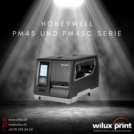 Honeywell PM45 und PM45C Industriedrucker, die Thermodirekt-, Thermotransfer- und RFID-Druck unterstützen, bieten hohe Druckgeschwindigkeit und Präzision für industrielle Anwendungen.