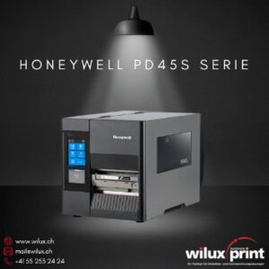 Ein Honeywell PD45s Serie Drucker wird durch ein Spotlicht akzentuiert, mit einem Touchscreen-Display, auf einem dunkelgrauen Hintergrund, neben WILUX PRINT Kontaktdaten