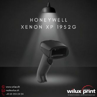 Der kabellose Honeywell Xenon XP 1952g Scanner in Schwarz steht unter einer Lampe auf einem dunklen Hintergrund, ideal für Einzelhändler und anspruchsvolle Umgebungen.