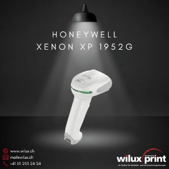 Kabelloser Honeywell Xenon XP 1952g Barcode-Scanner in Weiss, Rückansicht, unter einer beleuchteten Lampe, ideal für präzise Barcode-Erfassung im Einzelhandel und der Logistik.