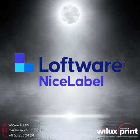 Loftware NiceLabel Logo auf nebligem Hintergrund unter einem hellen Mond.