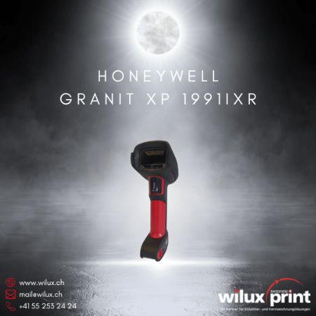 Robuster Honeywell Granit XP 1991iXR kabelloser Barcode Handscanner auf beleuchteter Plattform, speziell für raue Umgebungen entwickelt. Mit Bluetooth, FlexRange™-Technologie und Schutz vor Staub und Wasser. WILUX PRINT Logo unten.